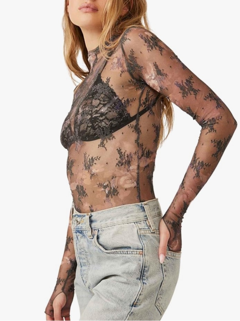 Free People Lady Lux Layering Sheer Black Floral Mesh Long-Sleeve Top M - Picture 5 of 8